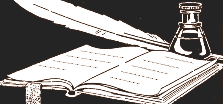 BOOK & INKWELL - w. TEXT - moderate sepia