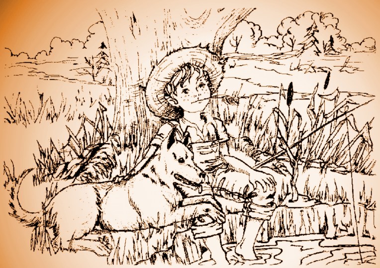 BOY & DOG FISHING - autumn