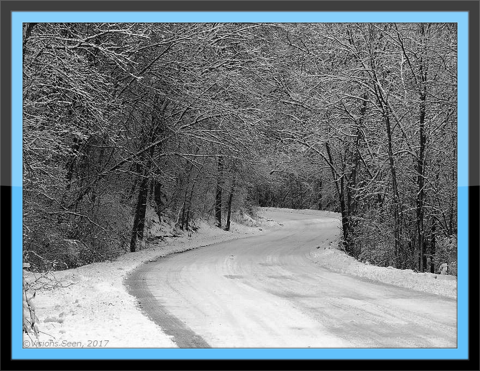 SNOWY ROAD THROUGH FOREST - with frame