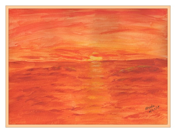 SCARLETT SUNSET WATERCOLOR w. frame